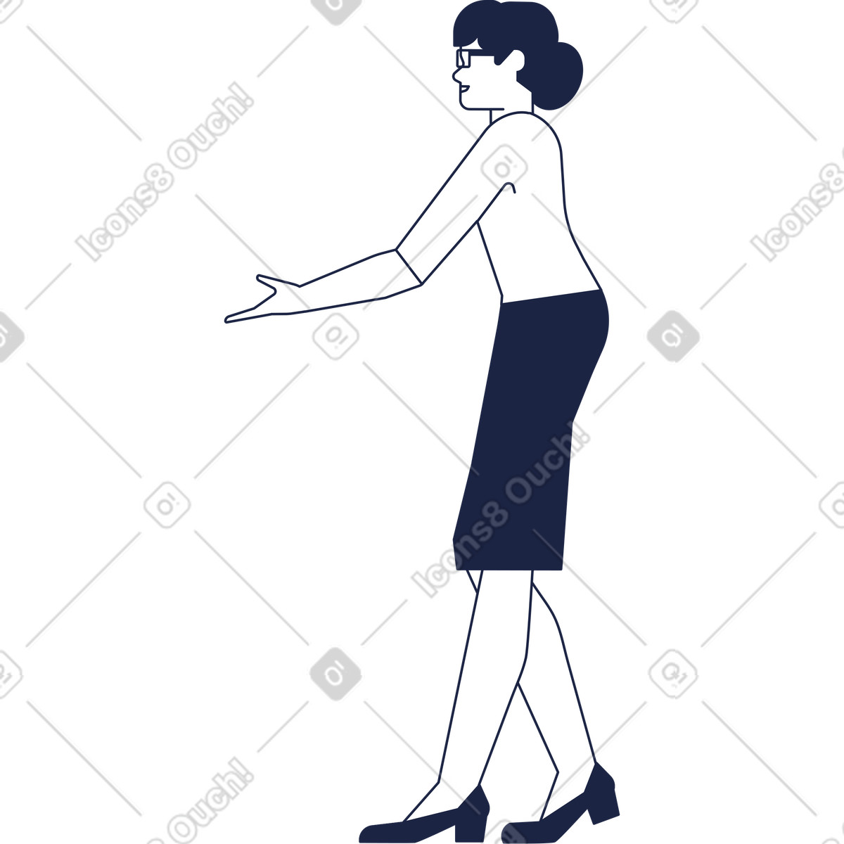 Woman with glasses and bun on her hair stands arm outstretched illustration in Urban Line style download in PNG, SVG