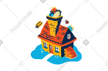 House with a lot of gifts in chimney PNG, SVG