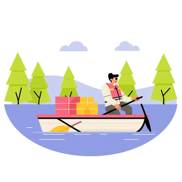 A courier in a small boat is navigating across a calm lake. The boat is painted in bright colors, with packages stacked neatly inside. Lush green trees line the shore, reflecting in the water. The sky is a clear blue with a few fluffy white clouds. The courier, wearing a casual outfit and a life jacket, is focused on steering the boat while looking ahead. The scene captures a peaceful delivery journey on the lake.