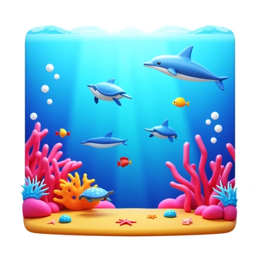 A thick illustration board featuring an underwater scene. The scene includes vibrant coral reefs in shades of pink and orange. Various types of fish in bright colors like blue, yellow, and red swim among the corals. Sea turtles glide gracefully through the water, and a playful dolphin leaps above the surface. Bubbles rise from the ocean floor, and shafts of sunlight penetrate the water, illuminating the marine life. Small sea creatures, such as starfish and shrimp, are scattered across the sandy bottom.