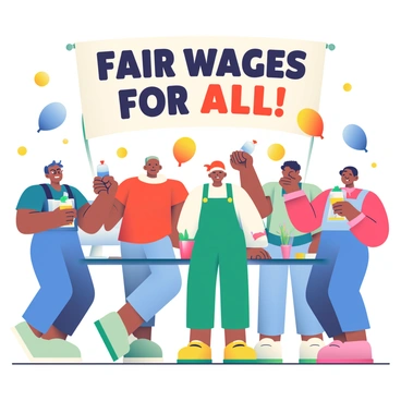 A group of diverse workers is gathered in a lively office environment, celebrating the implementation of a new fair wages policy. There are men and women of various ethnicities, including a Black man wearing a blue uniform, a Hispanic woman in a green outfit, and an Asian man in a red shirt. Each individual has a look of excitement on their face. Colorful balloons in shades of blue, yellow, and red are floating around the room. A large banner above them reads, "Fair Wages for All!" in bold letters. Several workers are clinking glasses filled with colorful drinks, while others are giving high-fives and smiling. In the background, there are desks with plants and computers, enhancing the lively atmosphere.