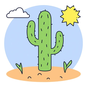 A green cactus with a tall, slender body is standing in a sandy desert landscape. The cactus has several protruding arms that reach upwards, showcasing its segmented structure. Its surface is dotted with small, round spines. Near the base of the cactus, there are shallow depressions to represent water storage. Above the cactus, there are puffy white clouds in a blue sky. The sun is shining brightly, casting distinct shadows on the sand. Small animals can be seen in the distance, illustrating the harsh environment of the desert.