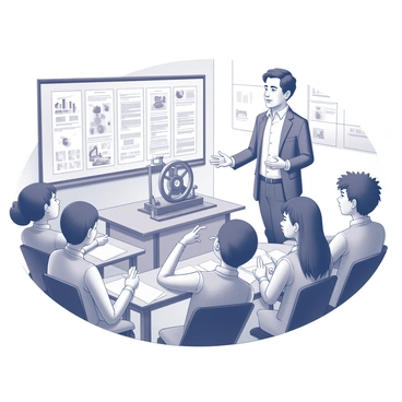 A classroom scene featuring a teacher standing in front of a group of attentive learners. The teacher is gesturing towards a spinning jenny, which is prominently displayed on a table. The teacher has a focused expression, conveying engagement and enthusiasm. The learners, a diverse group of students, are seated at desks, looking at the spinning jenny with curiosity. Some students are taking notes, while others are raising their hands to ask questions. The classroom is filled with educational posters and charts on the walls that relate to textile manufacturing.