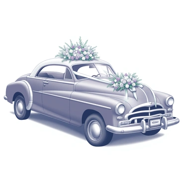 A car decorated with an array of flowers is positioned prominently. The vehicle features a glossy exterior with ribbons cascading from the side mirrors and a floral arrangement on the hood. The flowers are vibrant and arranged in a way that emphasizes celebration. The car is parked in a location suggestive of a wedding venue, with hints of decorative elements nearby, such as a bouquet resting on the dashboard. The scene conveys a sense of joy and anticipation, ready to take the couple away to their new life together.