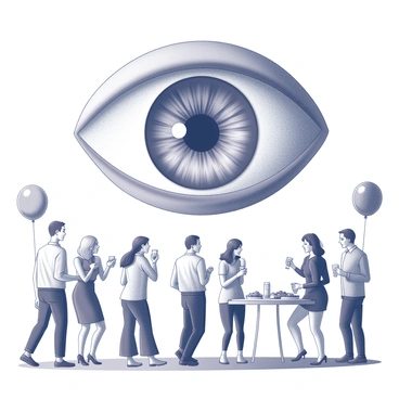 A large eye is prominently displayed in the center of the image, with intricate details capturing the texture of the iris and pupil. The eye appears to be magnifying a scene below it, where a diverse group of people is engaged in various activities at a social event. In the foreground, several individuals are conversing, their facial expressions showing excitement and engagement. Others are standing with drinks in hand, while a few are mingling near a table laden with appetizers. The atmosphere conveys a lively gathering, with elements such as balloons and decorations subtly enhancing the setting. The gaze of the giant eye seems to scrutinize and observe the actions of each person, creating an intense focal point in the composition.