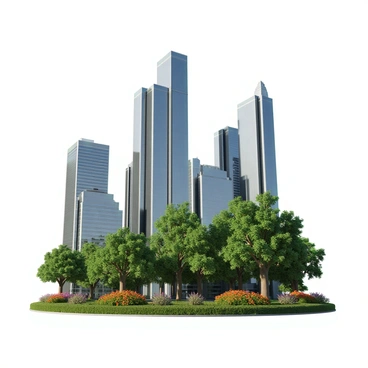 A modern city skyline featuring tall skyscrapers made of reflective glass and steel. The architecture is sleek and contemporary, with a variety of building shapes and heights. Interspersed among the skyscrapers are lush green trees and vibrant natural foliage, with branches extending around the buildings. Some trees are tall and mature, while others are smaller and bushy, adding a touch of nature to the urban landscape. The ground is filled with colorful flowers and shrubs, enhancing the integration of greenery within the city environment.