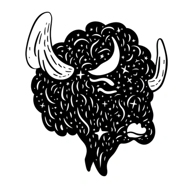 A detailed illustration of a bison head with prominent horns. The contours of the head are filled with a cosmic galaxy pattern, showcasing swirls of stars and celestial elements. The bison’s fur is depicted with intricate textures, emphasizing the strength of its form. The background is left plain to highlight the bison head and the galaxy pattern within it.