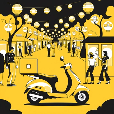A moped with a delivery box attached to the back is parked on a street illuminated by numerous lanterns. The moped has a sleek design and is colored in yellow and black. The lanterns are hanging from trees and buildings, casting a warm glow across the scene. There are people walking around, some holding glowing lanterns while others are enjoying festive foods from nearby stalls. The night sky is clear, and the overall atmosphere is lively with excitement.