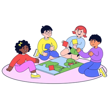 A group of three children working together on a large floor puzzle made of colorful block pieces. One child, a girl with curly hair, is placing a blue piece in the center of the puzzle. Next to her, a boy with glasses is holding up a green piece, while a second boy with short hair is reaching for a red piece. The puzzle design features a vibrant landscape with trees and animals. The children are sitting on a soft, light-colored carpet.