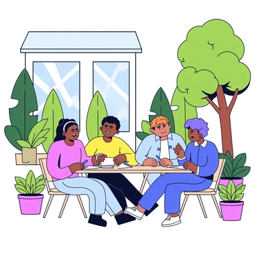 A team of four people sitting around a rectangular table in an outdoor courtyard. The table is made of light wood and has a few notebooks and pens on it. Each team member is engaged in discussion, with one person gesturing while speaking. The courtyard is surrounded by lush greenery, with tall trees and various shrubs. Sunlight filters through the leaves, creating dappled light on the ground. A few colorful potted plants are placed around the seating area, enhancing the vibrant atmosphere.