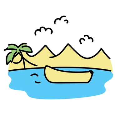 A yellow banana boat floating in a clear, turquoise oasis. The boat is anchored in the water, with its sleek shape and rounded edges visible. Surrounding the oasis are tall, golden sand dunes, their curves and ripples contrasting with the vibrant blue water. A few palm trees are scattered around the oasis, their green fronds providing a lush accent against the sandy landscape. The sky above is bright with a few fluffy white clouds, casting soft shadows on the dunes below.