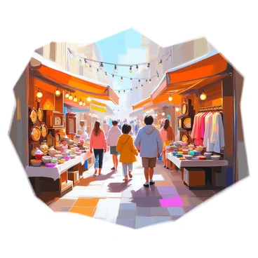 A bustling vintage market street is filled with activity. Various stalls line the sides, each showcasing an array of antiques. One stall features an assortment of old clocks, their intricate details glinting in the sunlight. Nearby, another stall is filled with colorful ceramic dishes and decorative vases. A third stall offers vintage clothing displayed on mannequins, with patterned fabrics fluttering in the gentle breeze. Shoppers, both young and old, are exploring the stalls, examining items with curiosity. The vibrant atmosphere is further enhanced by string lights overhead, adding warmth to the scene.