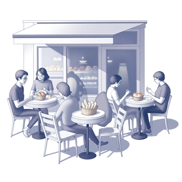 A sunny afternoon scene outside a boulangerie. Several customers are seated at outdoor tables, engaging in conversation and enjoying their meals. The tables are adorned with simple checkered tablecloths. A variety of freshly baked goods, such as baguettes and pastries, are displayed in baskets on the tables. The boulangerie itself features a large window showcasing an array of baked items. The sun casts soft shadows, enhancing the atmosphere of the bustling scene.