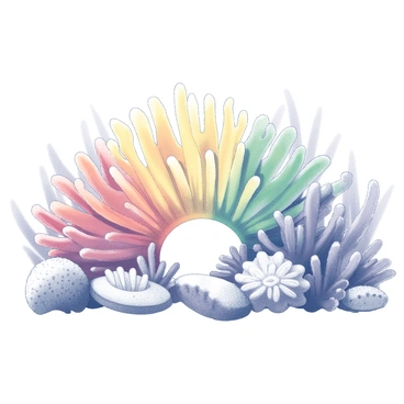 A vibrant arc of coral in various shapes and species, arranged in a gradient pattern that mimics a rainbow. The coral includes branching forms, dome-shaped varieties, and fan-like structures, each displaying unique textures and intricacies. The background features subtle elements of an underwater scene, with soft marine plants swaying gently. The whole composition captures the diversity of coral life and its natural beauty.