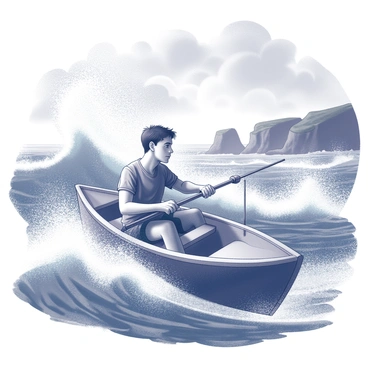 A young man with dark hair is sitting in a small boat that is being tossed by massive waves. He tightly grips the tiller, his brow furrowed in concentration as he navigates through the turbulent waters. The sky is filled with dark clouds, indicating the intensity of the storm. Sharp gusts of wind create whitecaps on the surface of the towering waves. Water splashes over the sides of the boat, and the overall scene depicts the struggle against nature’s fury. In the distance, blurred outlines of rocky cliffs can be seen, further emphasizing the perilous journey.