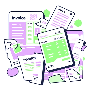 A creative collage is composed of a variety of different paper invoices and financial documents arranged in an overlapping manner. The invoices vary in size and layout, featuring details like itemized lists, dates, and amounts. Some documents include bold headers and logos from various companies. The collage displays patterns formed by the text and numbers, creating a dynamic visual effect. The edges of some documents are slightly curled, adding texture to the composition. Scattered throughout are highlighted sections and sticky notes in varying shapes, enhancing the layered look of the collage.