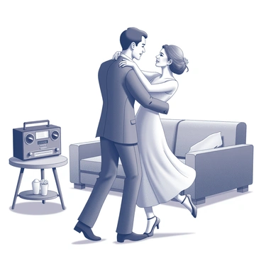 A couple is dancing gracefully in a cozy living room. The man is dressed in a formal suit, while the woman is wearing a flowing dress. They are holding each other closely, lost in the moment. A vintage radio sits on a side table, its dials and speakers detailed, creating an atmosphere of nostalgia. The room is furnished with a comfortable sofa and a coffee table adorned with a small vase of flowers. Soft shadows add depth to the scene, highlighting the warm interactions between the couple.