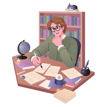 A digital flat illustration depicting an author seated at a cluttered wooden desk. The author has curly brown hair and is wearing round glasses. In their right hand, they hold a quill pen, poised above a sheet of parchment filled with handwritten notes. The desk is filled with various items, including an ink pot, stacks of books with worn covers, and scattered sheets of paper. A small globe sits in one corner, and a flickering candle casts a warm glow over the scene. In the background, a bookshelf filled with books frames the author. A small cat is curled up on one of the books.