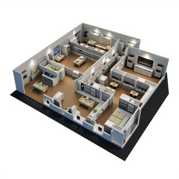 A detailed floor plan of a secure underground bunker. The layout includes multiple designated areas: a central command room equipped with advanced communication devices and a large monitor screen displaying maps. Adjacent to this room is a storage area filled with emergency supplies such as food, water, and medical kits. There is a sleeping quarters featuring bunk beds and personal storage lockers. The bunker also has a fully equipped kitchen with stainless steel appliances and a dining space. A small armory is included, showcasing a secured storage for weapons and ammunition. The design emphasizes security features such as reinforced walls and a secure entrance with an access control system.