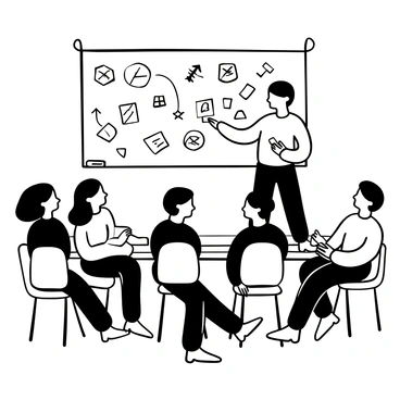 A lecturer standing in front of a chalkboard, illustrating concepts with hand-drawn sketches. The lecturer is holding a piece of chalk, actively drawing diagrams. A group of attentive students is seated at desks, observing closely. Some students are taking notes, while others are leaning forward, focused on the sketches being created. Various sketches, such as graphs and flowcharts, are visible on the chalkboard behind the lecturer.
