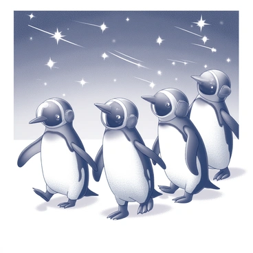 A group of penguins, each wearing a space helmet, are waddling on a snowy surface. The penguins are arranged in a casual formation, with some facing forward and others looking to the side. Their space helmets have reflective visors, capturing the light from above. The sky overhead is filled with numerous shooting stars, creating trails of light as they streak across. The scene captures the playful juxtaposition of the penguins in their space gear against the backdrop of the night sky.