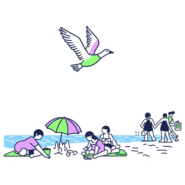 A "hirondelle" is swooping gracefully above a beach scene. Below, several people are enjoying the waves, splashing in the water. To the left, a child is building a sandcastle with a small bucket and spade. Nearby, a couple is lounging on beach towels, with a colorful umbrella providing shade. On the right, a group of friends is playing beach volleyball, their silhouettes outlined against the sunlight. The hirondelle's wings are spread wide as it glides effortlessly in the clear sky, creating a contrast with the lively beach atmosphere below.