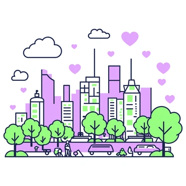 A bustling city is depicted with tall buildings reaching towards the sky. Above the cityscape, there are numerous heart-shaped clouds drifting slowly. The clouds vary in size, some larger and more prominent, while others are smaller and scattered throughout the sky. Below, streets are filled with cars and pedestrians going about their day, adding life and movement to the scene. Trees and benches are visible in a park area, where people can be seen enjoying the day.