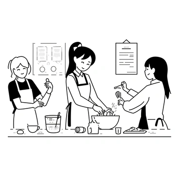 A school girl wearing an apron is standing at a countertop in a cooking class. She has long hair tied back with a ribbon and is focused on mixing ingredients in a large bowl. Around her, two friends are also participating, one holding a whisk and the other measuring out flour. Various utensils and ingredients are scattered across the countertop, including eggs, a measuring cup, and a cookbook opened to a recipe. The classroom is filled with cooking supplies and posters related to culinary arts hanging on the walls.