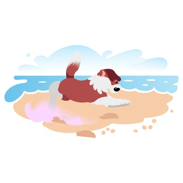 A dog running along the beach, with waves suggested in gentle lines