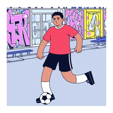 Cristiano Ronaldo is depicted playing street futsal in an urban setting. He is wearing a red jersey and black shorts, skillfully dribbling a futsal ball with one foot. The background features colorful graffiti walls with various designs and patterns. The street is paved with gray concrete, and there are a few scattered pieces of urban furniture, like benches and trash bins. Ronaldo's expression shows focus and determination as he prepares to make a pass.