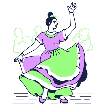 A flamenco dancer is striking a dramatic pose, showcasing her movement and elegance. She is wearing a flowing dress with layers that ripple outward. Her hair is styled in an ornate bun adorned with decorative elements. One arm is raised high above her head, while the other is positioned gracefully at her side. The dancer's expression is intense and focused, emphasizing her passion for the dance. The background features a wooden floor that suggests a lively atmosphere, with faint outlines of audience members engaged in the performance.