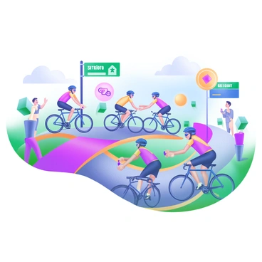A vibrant scene depicting several cyclists in colorful jerseys, each on racing bicycles. They are positioned at various designated checkpoints along a winding road. One cyclist is reaching out to exchange a baton with another, showcasing a moment of teamwork. Surrounding them are cheering spectators, colorful banners, and street signs indicating the relay route. In the background, there are trees and a clear blue sky, enhancing the lively atmosphere of the bike relay race.