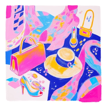 A collage of various fashion items is arranged on a flat surface. The collection includes a pair of high-heeled shoes, a stylish handbag, and a wide-brimmed hat. There are also colorful scarves of different patterns and a set of elegant jewelry pieces, including necklaces and bracelets. Each item is portrayed from multiple angles, creating a fragmented effect. The background features geometric shapes and lines that interact with the fashion items, enhancing the composition.