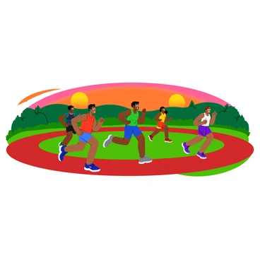 A group of five athletes is practicing on a circular track. The runners exhibit different athletic gear, with bright colors like red, blue, and green. The setting sun casts a warm orange and pink hue across the sky, creating a vibrant backdrop. The athletes are in various poses, some sprinting while others are stretching or jogging slowly. The track is surrounded by green grass and a few trees in the background, silhouetted against the sunset.