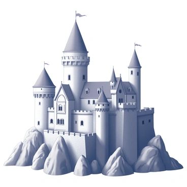 A large, intricately detailed castle positioned atop a rocky cliff. The castle features multiple towers with pointed roofs and numerous windows, each adorned with decorative stonework. Surrounding the base of the cliff are rugged rocks, emphasizing the height of the structure. The scene captures the castle's impressive architecture, with flags flapping from the tallest tower and balconies overlooking the expanse below. The sky above is clear, highlighting the castle against the horizon.