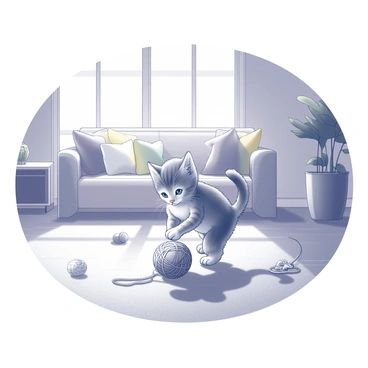 A small, playful kitten with soft fur is batting at a ball of yarn on the floor. The kitten is in a living room, surrounded by a few scattered toys. Sunlight streams in through a large window, casting shadows on the wooden floor. A comfortable sofa is visible in the background, adorned with a few colorful cushions. A potted plant sits in a corner, adding a touch of nature to the cozy space. The kitten's paw is outstretched, making contact with the yarn, which rolls slightly away, inviting more playful interaction.