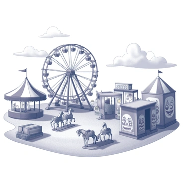 A deserted carnival with rusty rides and eerie clown faces