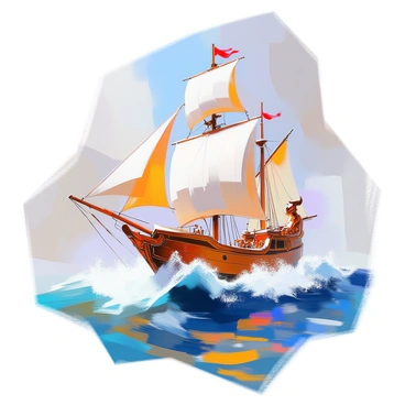 A fantastical ship with elaborate sails and ornate carvings is sailing on dynamic waves, which are swirling and cresting around the vessel. The ship's silhouette is defined by intricate details, including a figurehead resembling a mythical creature. The waves are foamy and curling, contrasting with the smooth lines of the ship. The scene captures a sense of movement and depth as the ship navigates the undulating ocean.