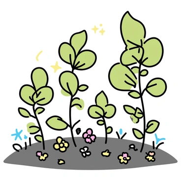 A fantasy forest, featuring sweet bean plants that tower like trees. Each plant has broad, vibrant green leaves and clusters of small, colorful beans forming at the base. The forest ground is covered in a rich carpet of soft, dark soil, and patches of bright flowers intersperse among the plants. The environment is filled with dappled sunlight filtering through the high leaves, creating a warm atmosphere, while the unique shapes of the sweet bean plants create a whimsical landscape.