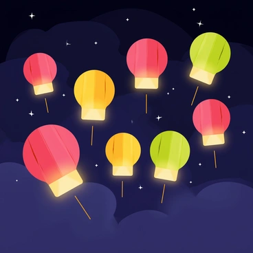 A collection of round paper lanterns in various colors, such as red, yellow, and green, floating in the night sky. Each lantern is illuminated from within, casting a warm, golden glow. The background features a deep navy blue sky dotted with a few twinkling stars. Some lanterns are gently swaying, creating a sense of movement, while others are ascending higher into the sky.