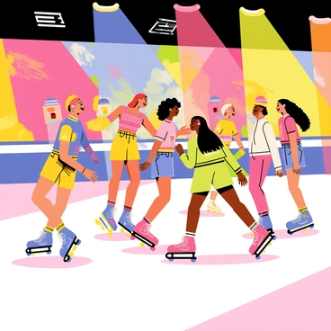 A vibrant 1980s roller rink filled with friends roller skating together. The rink features colorful airbrushed decorations on the walls, showcasing abstract shapes and bright patterns. Several friends of diverse appearances wear colorful clothing typical of the era, including neon colors and leg warmers, as they glide smoothly on roller skates. The floor is shiny and reflects the lively atmosphere, with disco lights casting colorful beams across the scene. Some friends are laughing and chatting, while others perform skate tricks, adding to the energetic vibe of the roller rink.