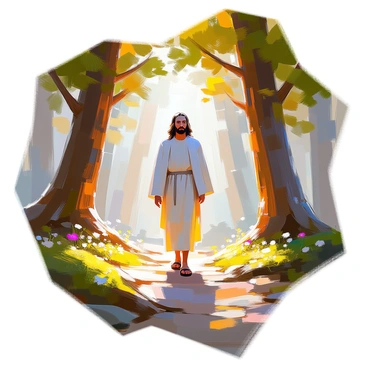 A saint with a serene expression, wearing a flowing robe and sandals, is walking through an ancient forest. The saint has long hair and a gentle demeanor. Surrounding the saint are towering trees with thick trunks and lush green foliage. Beams of sunlight filter through the dense canopy above, creating dappled light patterns on the forest floor. The scene is tranquil, with soft moss covering the ground and small wildflowers peeking through the greenery, enhancing the peaceful atmosphere of the ancient woods.