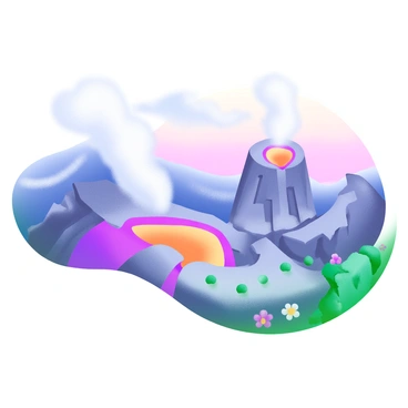 A modern pastel illustration depicting a landscape featuring geothermal vents. The vents are releasing steam and hot gases into the atmosphere. Surrounding the vents are rocky formations that indicate tectonic activity, with jagged edges and fissures. The background showcases a gradient sky transitioning from soft blue to light pink, suggesting a sunset. In the foreground, there are patches of green moss and small, colorful flowers thriving in the geothermal environment.
