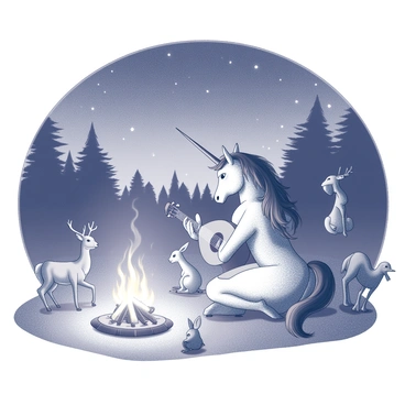 A centaur is sitting on the ground next to a campfire. The centaur has a human upper body and a horse lower body, elegantly poised while playing a lute. The flames of the campfire flicker, casting light and shadows around the scene. Various animals, including a deer, a rabbit, and a few birds, are gathered around, attentively listening to the music. The night sky is filled with stars, and the surrounding trees create a natural setting for this serene moment. The centaur has a calm expression, absorbed in the melody being played.