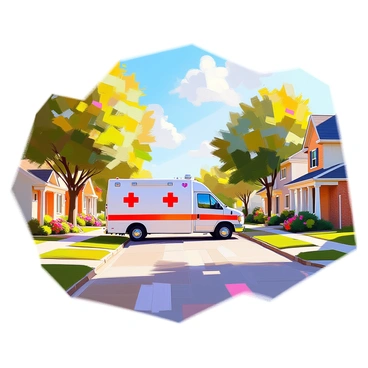 A medical transport van is parked on a quiet street in a suburban neighborhood. The van is white with a large red cross on its side, indicating its purpose. It is positioned alongside neatly trimmed green lawns and houses with diverse architectural styles, featuring brick and siding exteriors. Trees with lush green foliage line the street, and a few colorful flower beds can be seen in front of the houses. The sky is clear with a few fluffy white clouds scattered above, creating a peaceful atmosphere in the scene.