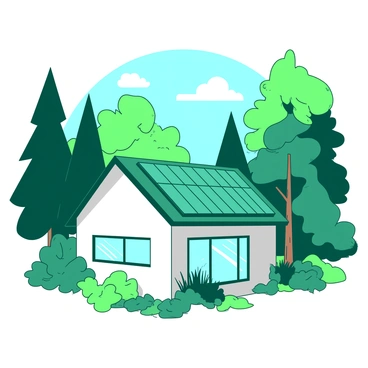 An eco-friendly house nestled in a green forest, with solar panels