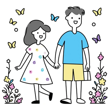 A couple, both smiling, walking hand-in-hand through a butterfly garden filled with colorful butterflies fluttering around them. The man is wearing a light blue shirt and beige shorts, while the woman is in a flowy white dress with floral patterns. Around them, vibrant flowers in various shades of pink, yellow, and purple bloom. The sunlight filters through the leaves, creating dappled patterns on the ground as the couple enjoys their moment together.