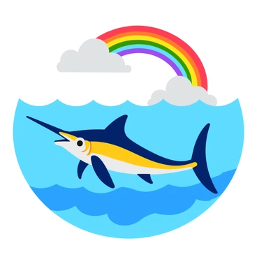 A large marlin with sharp fins and a long bill is swimming gracefully beneath the surface of the ocean. Its scales shimmer in shades of blue and silver as it moves through the clear water. Above the marlin, a vibrant rainbow arches across the sky, displaying a spectrum of colors from red to violet. The ocean waves gently ripple below the marlin, and the sun shines brightly, illuminating the scene.