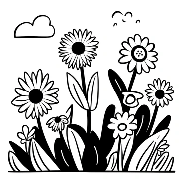 A cluster of "protea flowers" with their distinctive spiky petals arranged prominently beside "daisies" and "sunflowers" in a garden setting. The flowers are large and detailed, showcasing their unique shapes and textures. Each flower is surrounded by lush, green foliage that fills the scene. The background features a clear sky, enhancing the garden atmosphere.