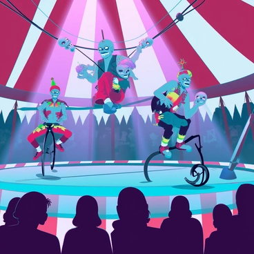 A circus ring filled with zombies dressed in tattered colorful costumes, showcasing their talents. One zombie juggles decaying skulls, while another performs acrobatics on a tightrope strung high above the ground. A third zombie balances on a unicycle, its face painted in a grotesque clown style. The audience, a mix of terrified spectators and curious onlookers, watches in awe and horror. Brightly colored lights illuminate the scene, casting eerie shadows across the ring and adding to the surreal atmosphere. The big top overhead is vibrant with red and white stripes, contrasting with the undead performers.